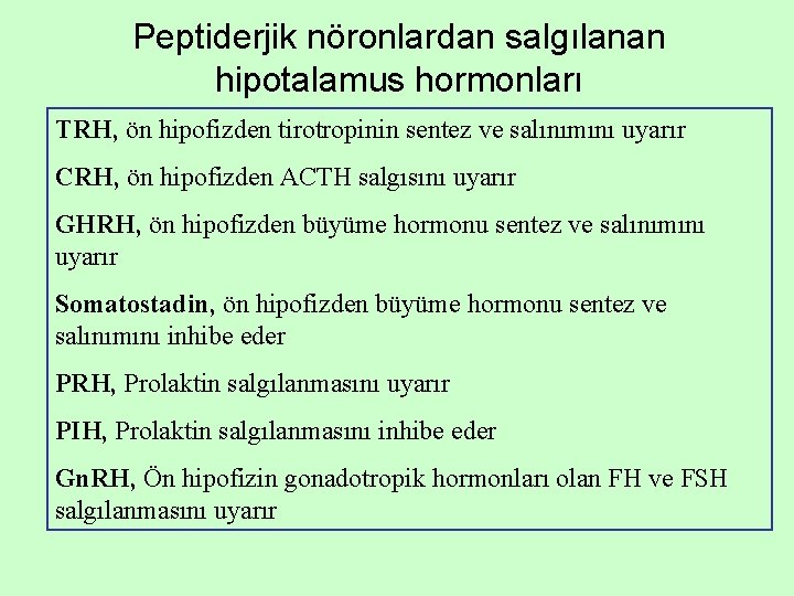 Peptiderjik nöronlardan salgılanan hipotalamus hormonları TRH, ön hipofizden tirotropinin sentez ve salınımını uyarır CRH,