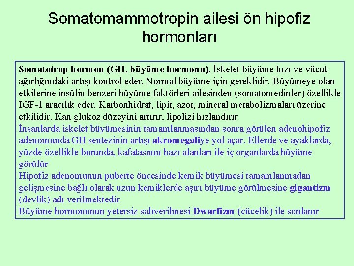 Somatomammotropin ailesi ön hipofiz hormonları Somatotrop hormon (GH, büyüme hormonu), İskelet büyüme hızı ve