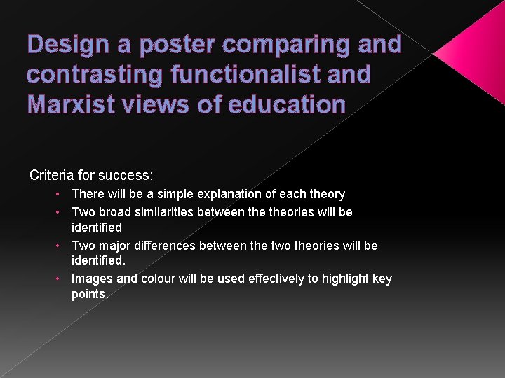 Design a poster comparing and contrasting functionalist and Marxist views of education Criteria for