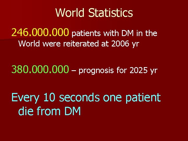 World Statistics 246. 000 patients with DM in the World were reiterated at 2006