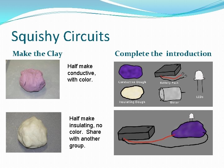 Squishy Circuits Make the Clay Complete the introduction Half make conductive, with color. Half