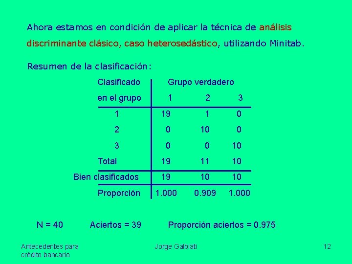 Ahora estamos en condición de aplicar la técnica de análisis discriminante clásico, caso heterosedástico,