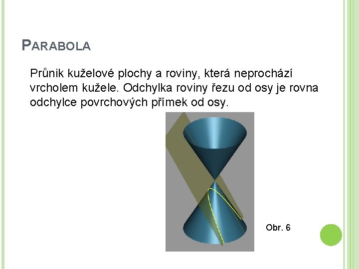 PARABOLA Průnik kuželové plochy a roviny, která neprochází vrcholem kužele. Odchylka roviny řezu od