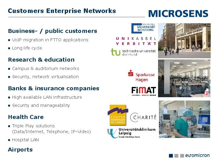 Customers Enterprise Networks Business- / public customers Vo. IP migration in FTTO applications Long
