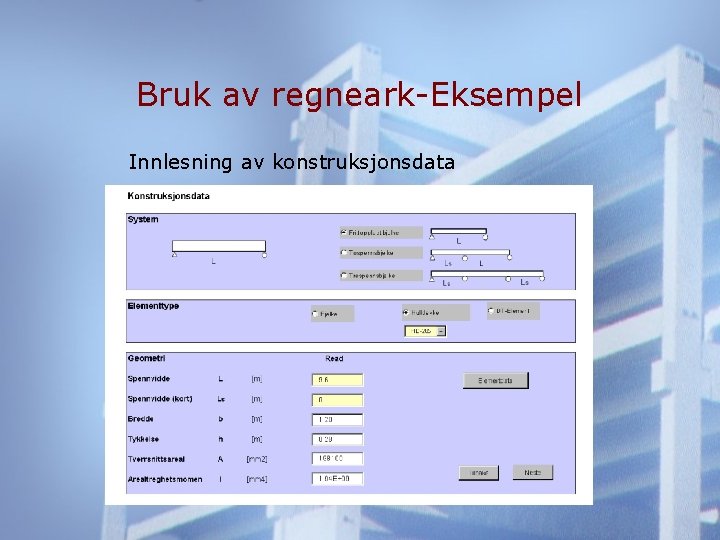 Bruk av regneark-Eksempel Innlesning av konstruksjonsdata 