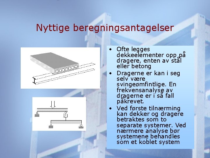 Nyttige beregningsantagelser • Ofte legges dekkeelementer opp på dragere, enten av stål eller betong