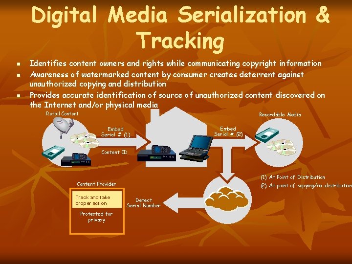 Digital Media Serialization & Tracking n n n Identifies content owners and rights while