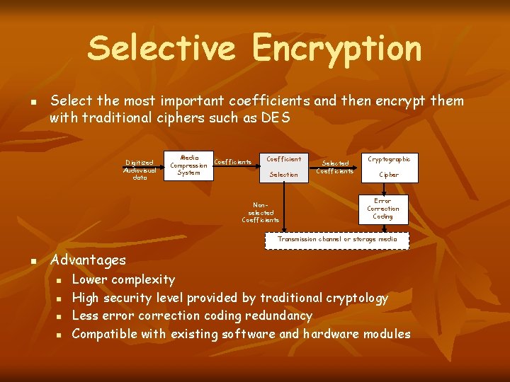 Selective Encryption n Select the most important coefficients and then encrypt them with traditional