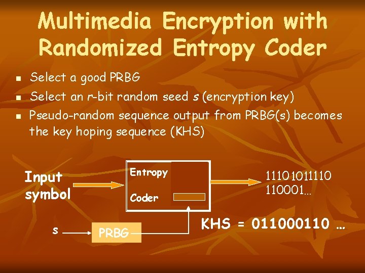 Multimedia Encryption with Randomized Entropy Coder n Select a good PRBG n Select an
