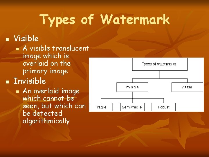 Types of Watermark n Visible n n A visible translucent image which is overlaid