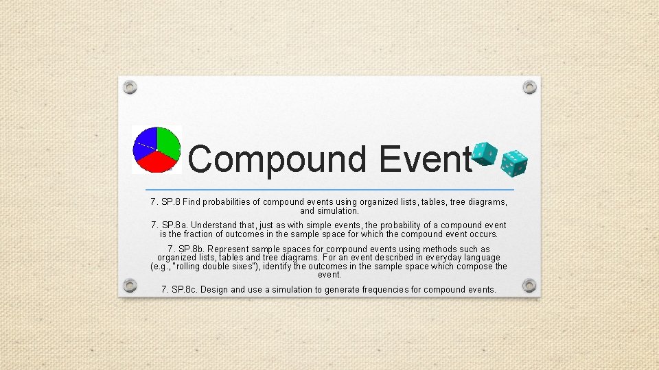 Compound Event 7. SP. 8 Find probabilities of compound events using organized lists, tables,