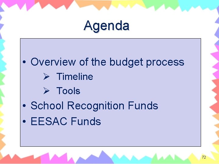 Agenda • Overview of the budget process Ø Timeline Ø Tools • School Recognition