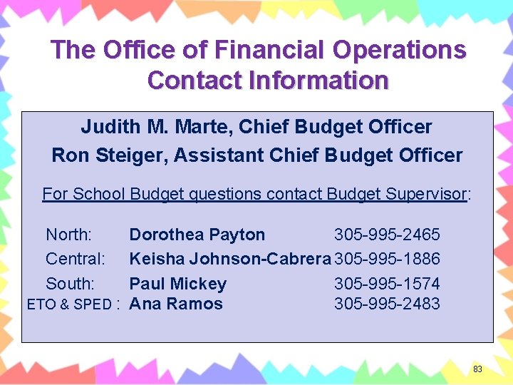 The Office of Financial Operations Contact Information Judith M. Marte, Chief Budget Officer Ron