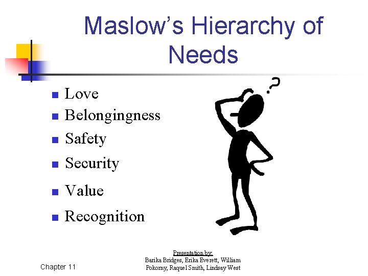 Maslow’s Hierarchy of Needs n Love Belongingness Safety Security n Value n Recognition n