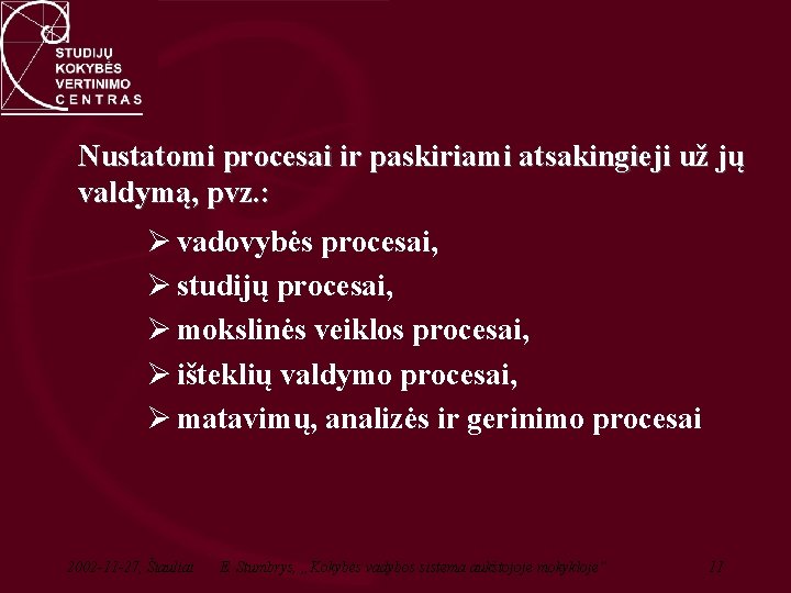 Nustatomi procesai ir paskiriami atsakingieji už jų valdymą, pvz. : Ø vadovybės procesai, Ø