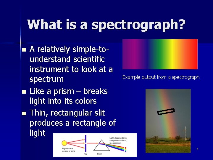 What is a spectrograph? n n n A relatively simple-tounderstand scientific instrument to look