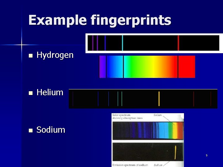 Example fingerprints n Hydrogen n Helium n Sodium 9 