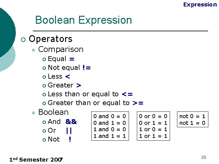 Expression Boolean Expression ¡ Operators l Comparison Equal = ¡ Not equal != ¡