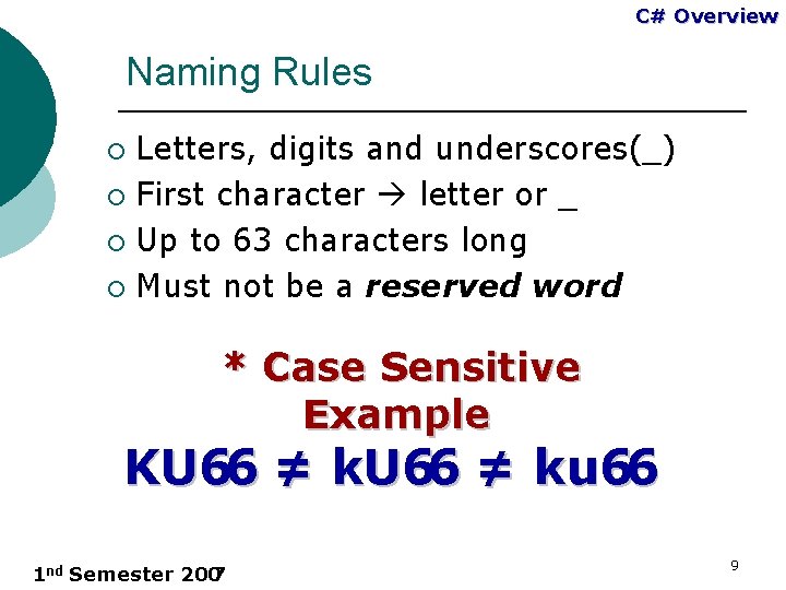 C# Overview Naming Rules Letters, digits and underscores(_) ¡ First character letter or _