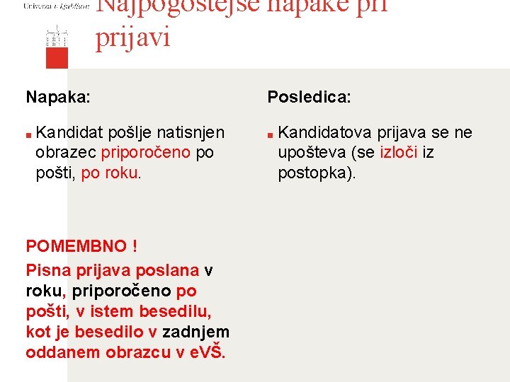 Najpogostejše napake prijavi Napaka: ■ Kandidat pošlje natisnjen obrazec priporočeno po pošti, po roku.