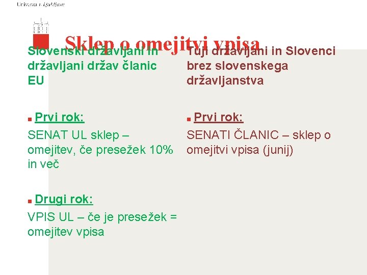 Sklep o omejitvi vpisa in Slovenci Tuji državljani Slovenski državljani in državljani držav članic