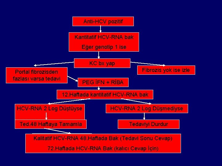 Anti-HCV pozitif Kantitatif HCV-RNA bak Eğer genotip 1 ise KC bx yap Fibrozis yok