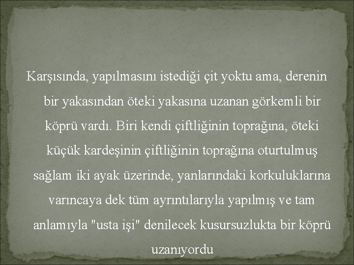 Karşısında, yapılmasını istediği çit yoktu ama, derenin bir yakasından öteki yakasına uzanan görkemli bir