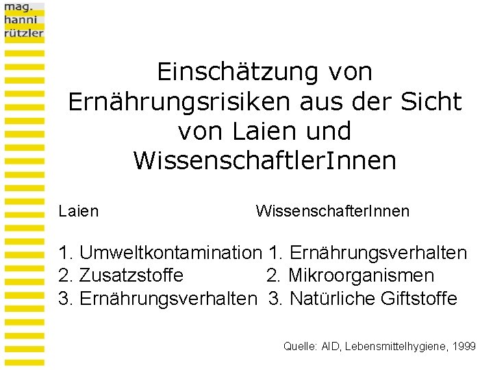 Einschätzung von Ernährungsrisiken aus der Sicht von Laien und Wissenschaftler. Innen Laien Wissenschafter. Innen