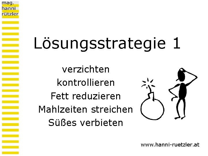 Lösungsstrategie 1 verzichten kontrollieren Fett reduzieren Mahlzeiten streichen Süßes verbieten www. hanni-ruetzler. at 