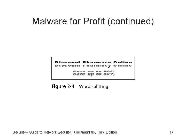 Malware for Profit (continued) Security+ Guide to Network Security Fundamentals, Third Edition 17 