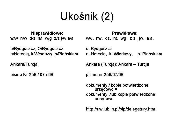 Ukośnik (2) Nieprawidłowe: w/w n/w d/s n/t w/g z/s j/w a/a Prawidłowe: ww. nw.