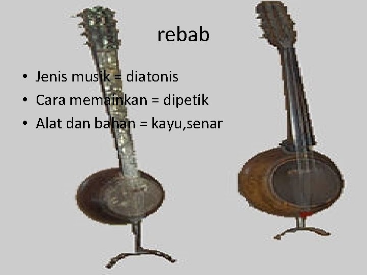 rebab • Jenis musik = diatonis • Cara memainkan = dipetik • Alat dan