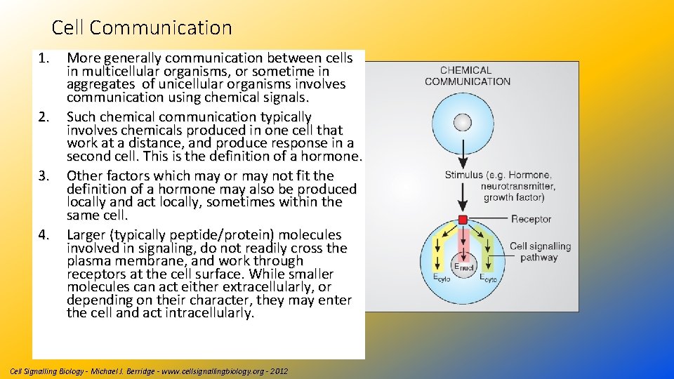 Cell Communication 1. More generally communication between cells in multicellular organisms, or sometime in