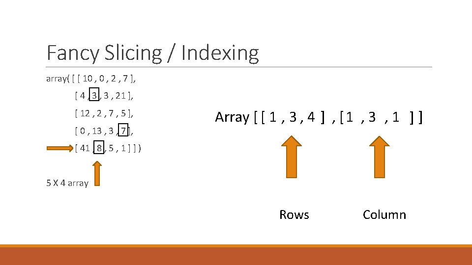 Fancy Slicing / Indexing array( [ [ 10 , 2 , 7 ], [