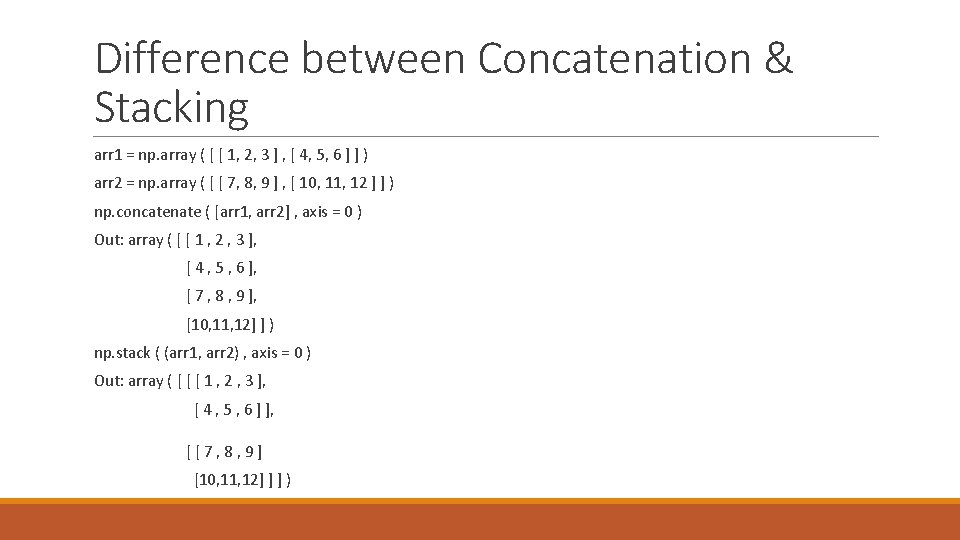 Difference between Concatenation & Stacking arr 1 = np. array ( [ [ 1,