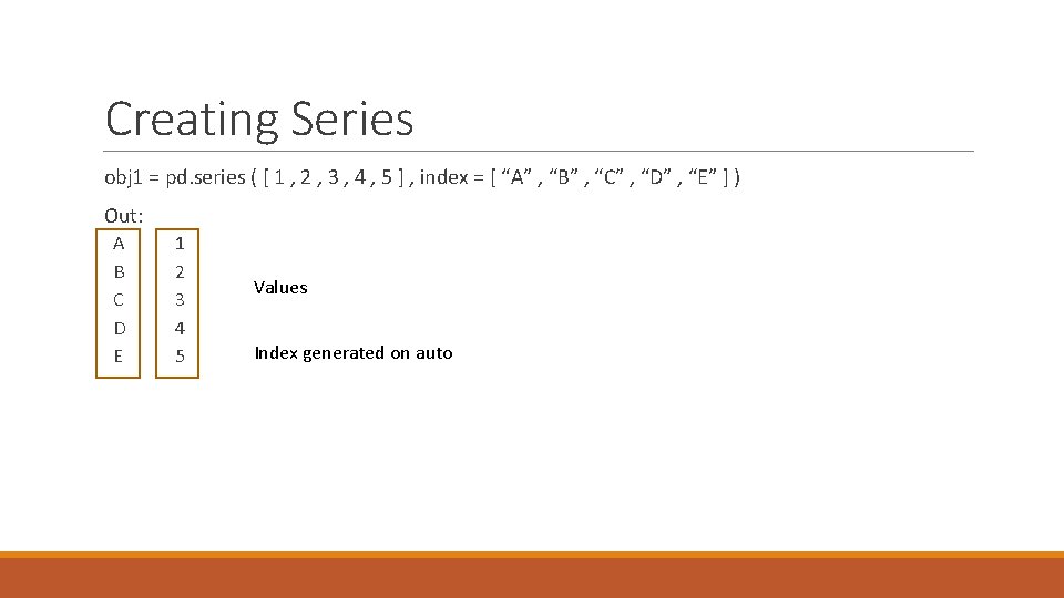 Creating Series obj 1 = pd. series ( [ 1 , 2 , 3