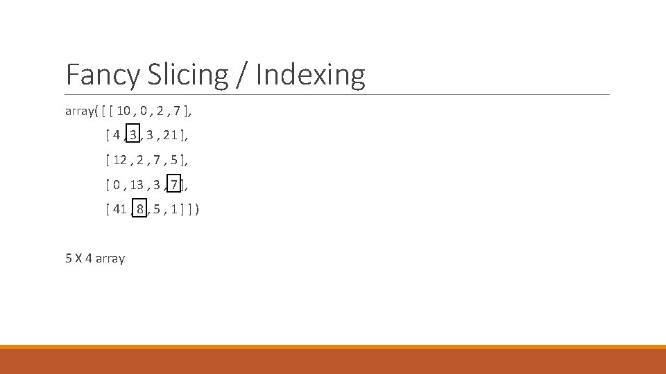 Fancy Slicing / Indexing array( [ [ 10 , 2 , 7 ], [