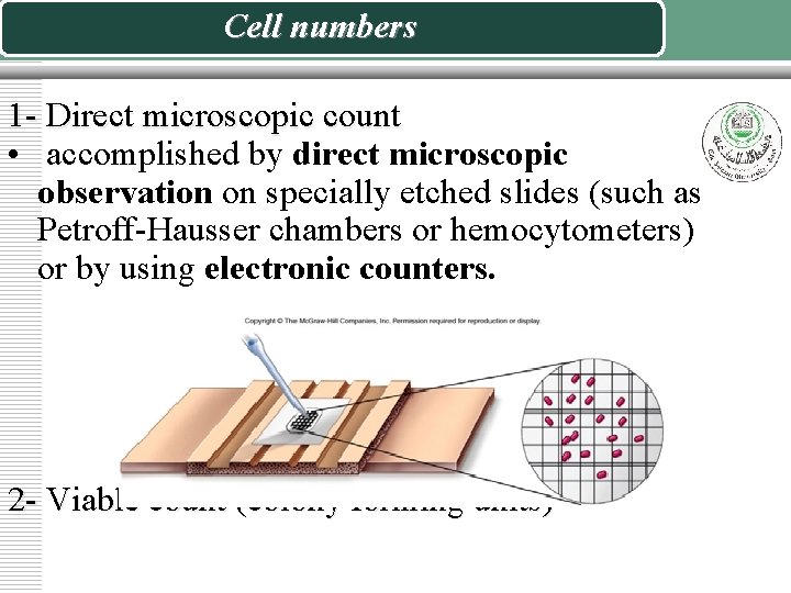 Cell numbers 1 - Direct microscopic count • accomplished by direct microscopic observation on