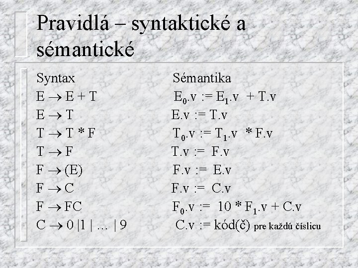 Pravidlá – syntaktické a sémantické Syntax E E+T E T T T*F T F