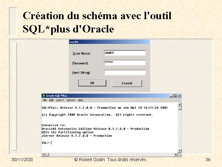 Création du schéma avec l'outil SQL*plus d'Oracle 30/11/2020 © Robert Godin. Tous droits réservés.