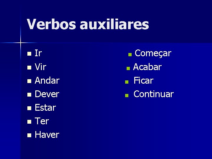 Verbos auxiliares Ir n Vir n Andar n Dever n Estar n Ter n