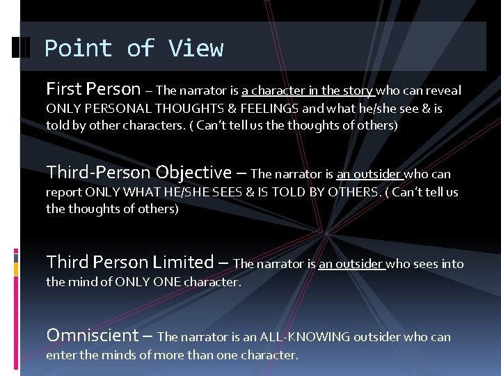 Point of View First Person – The narrator is a character in the story