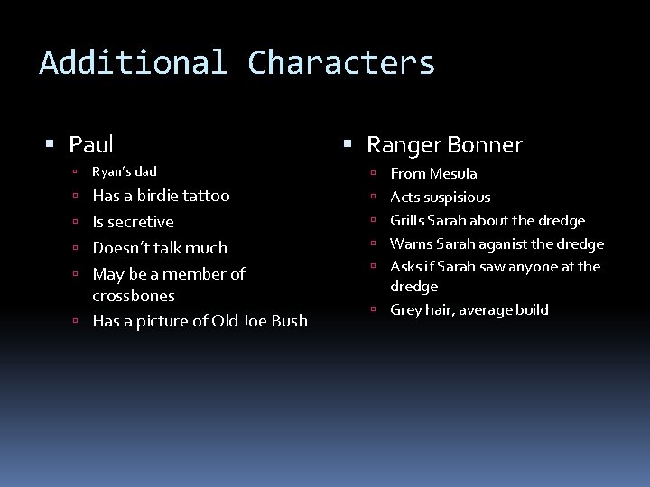 Additional Characters Paul Ryan’s dad Ranger Bonner From Mesula Has a birdie tattoo Acts