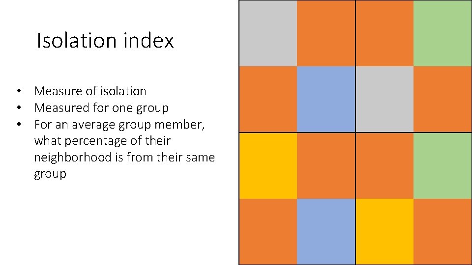 Isolation index • Measure of isolation • Measured for one group • For an