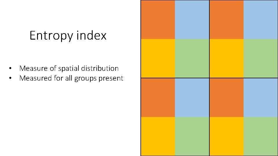 Entropy index • Measure of spatial distribution • Measured for all groups present 