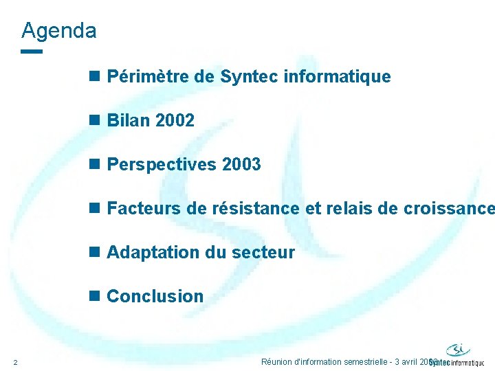 Agenda n Périmètre de Syntec informatique n Bilan 2002 n Perspectives 2003 n Facteurs