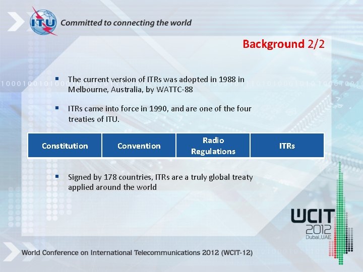 Background 2/2 § The current version of ITRs was adopted in 1988 in Melbourne,