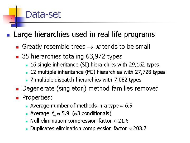 Data-set n Large hierarchies used in real life programs k tends to be small