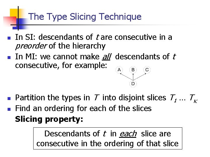 The Type Slicing Technique n n In SI: descendants of t are consecutive in