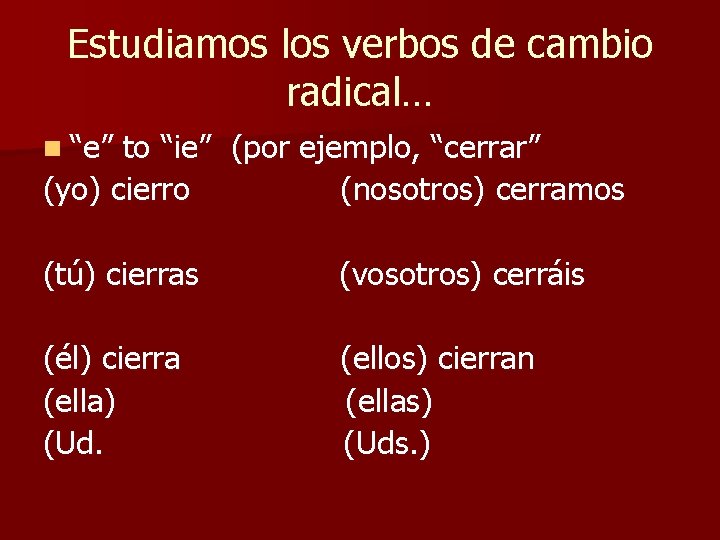 Estudiamos los verbos de cambio radical… n “e” to “ie” (por ejemplo, “cerrar” (yo)